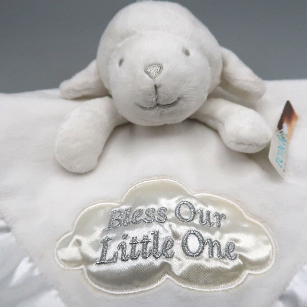 Tender Kisses Bless Our Little One Lamb Lovey White Security Blanket Satin Soft